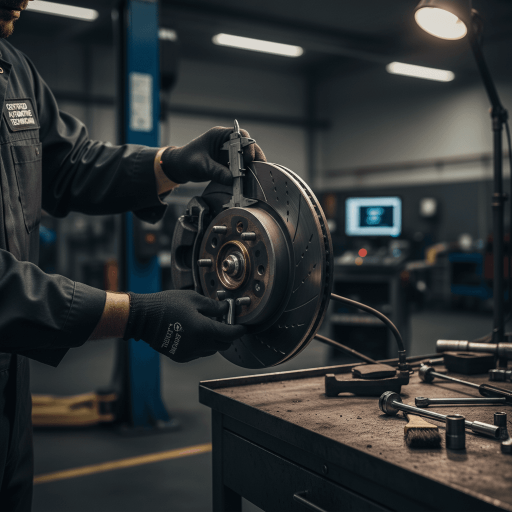 Professional brake pad installation on vehicle