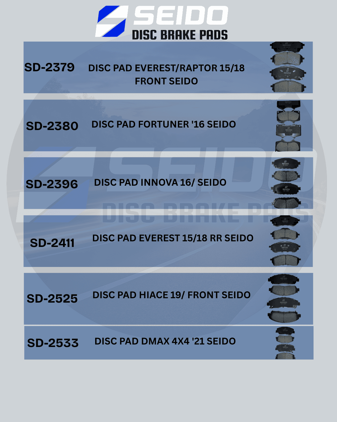 Seido disc brake pads catalog for Everest, Fortuner, Innova, Hiace, and Dmax with part numbers.