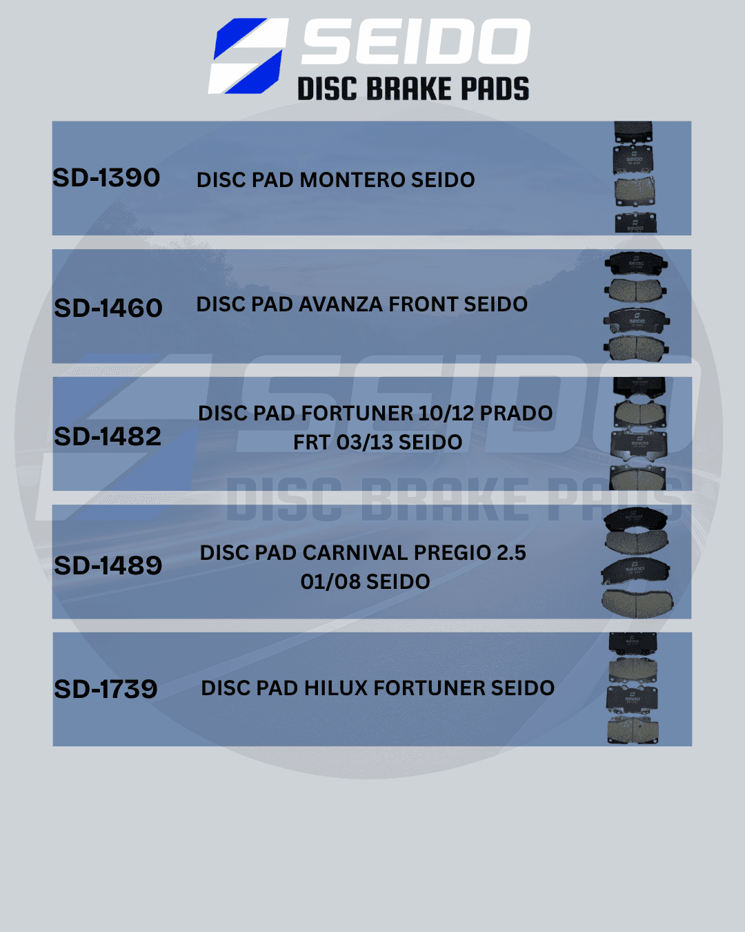 SEIDO disc brake pads catalog featuring model numbers and vehicle compatibility for various car models.