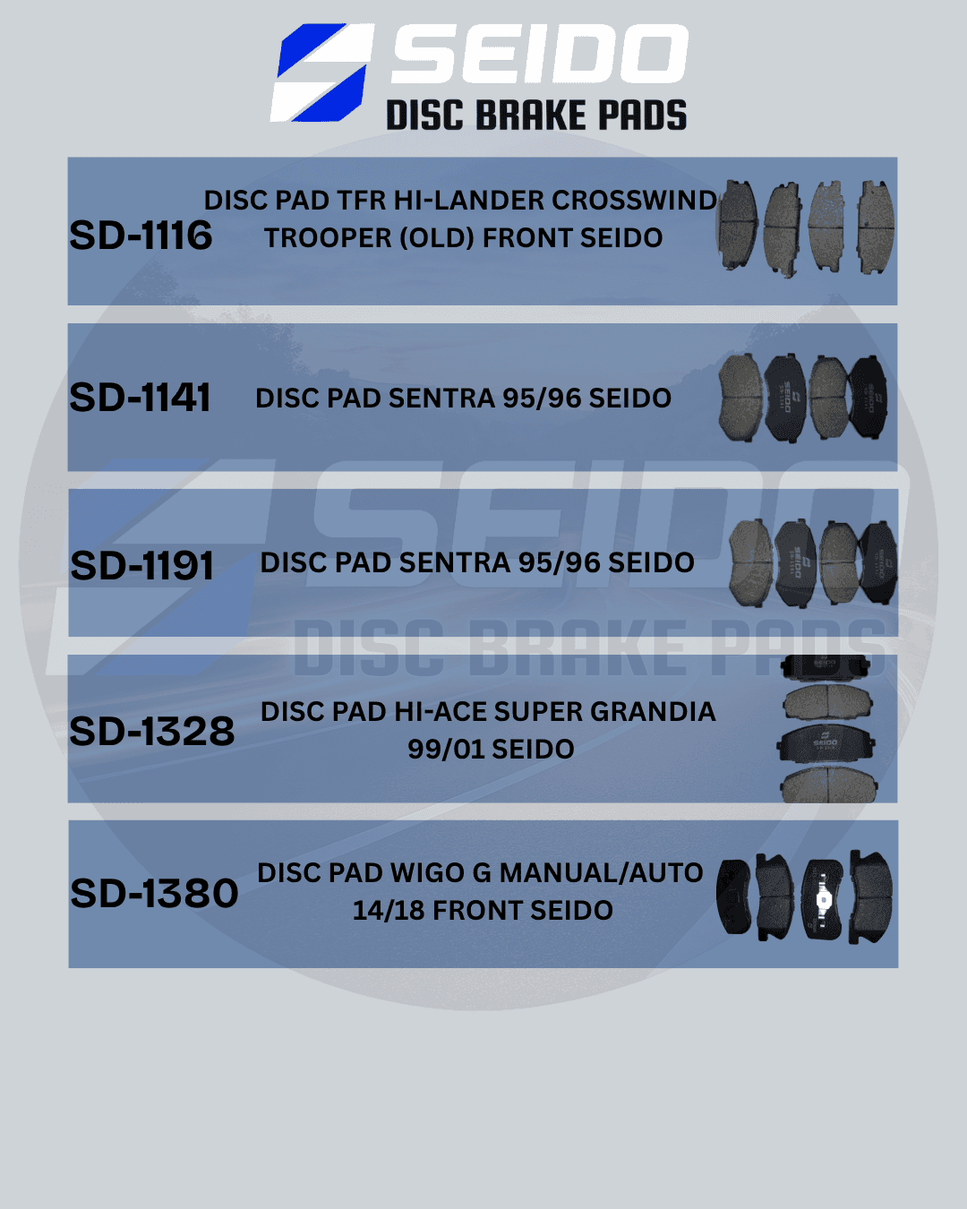 Catalog of SEIDO disc brake pads displaying model numbers, vehicle applications, and corresponding product photos.