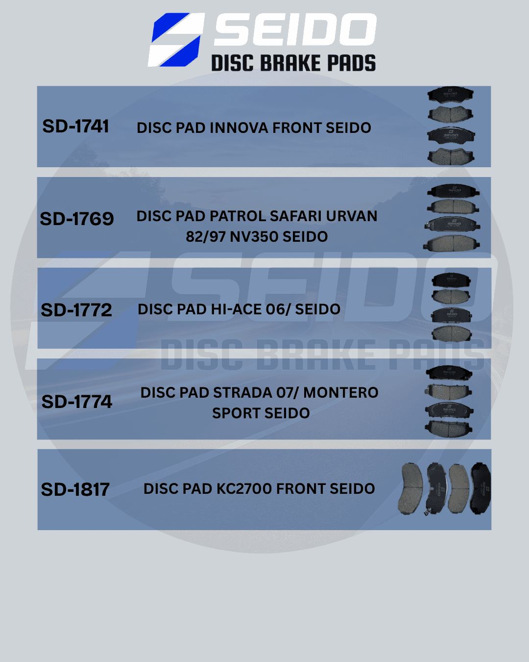 SEIDO disc brake pads catalog showing five models and their compatible vehicle applications.
