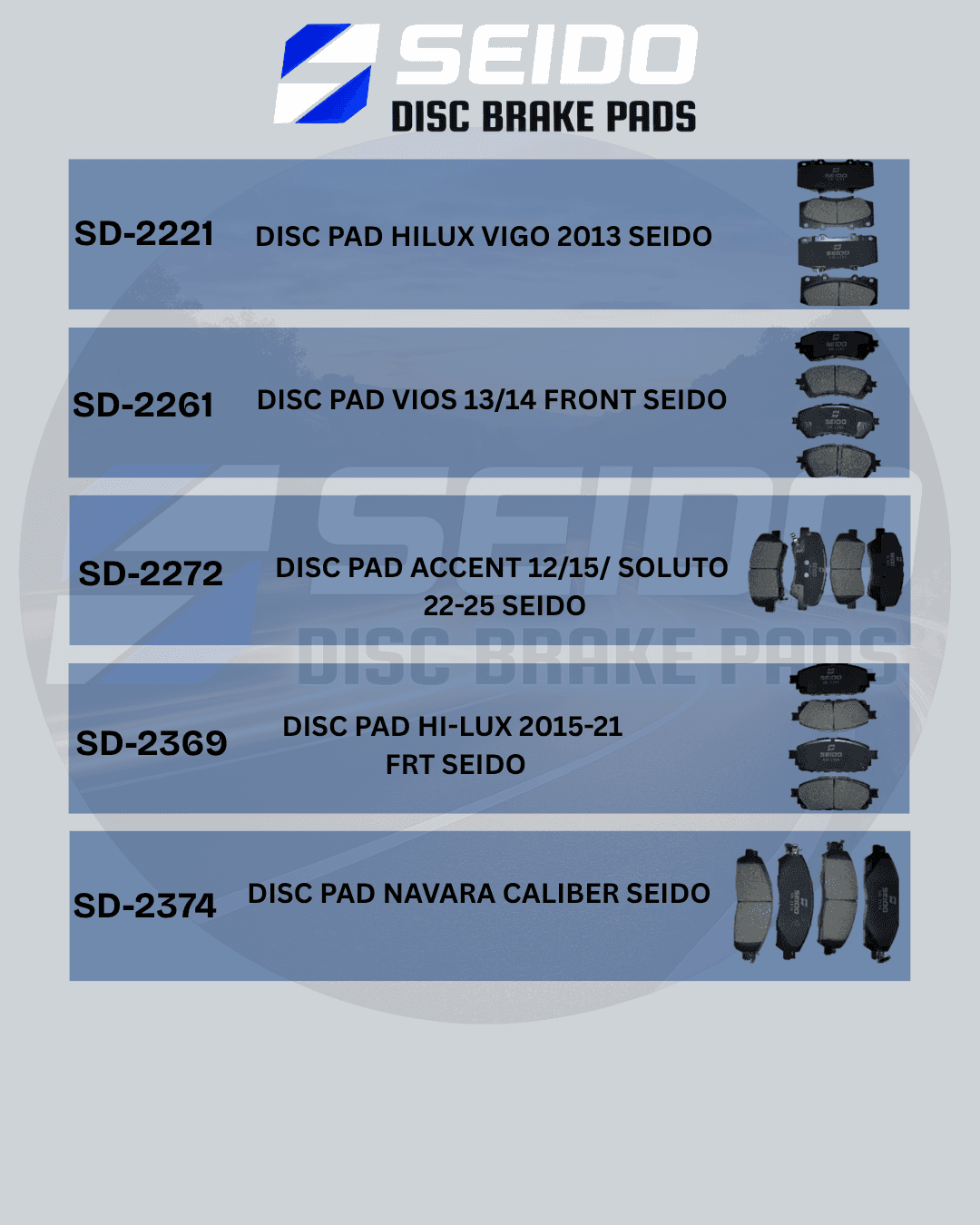 Catalog of Seido disc brake pads for Hilux, Vios, Accent, and Navara vehicle models.