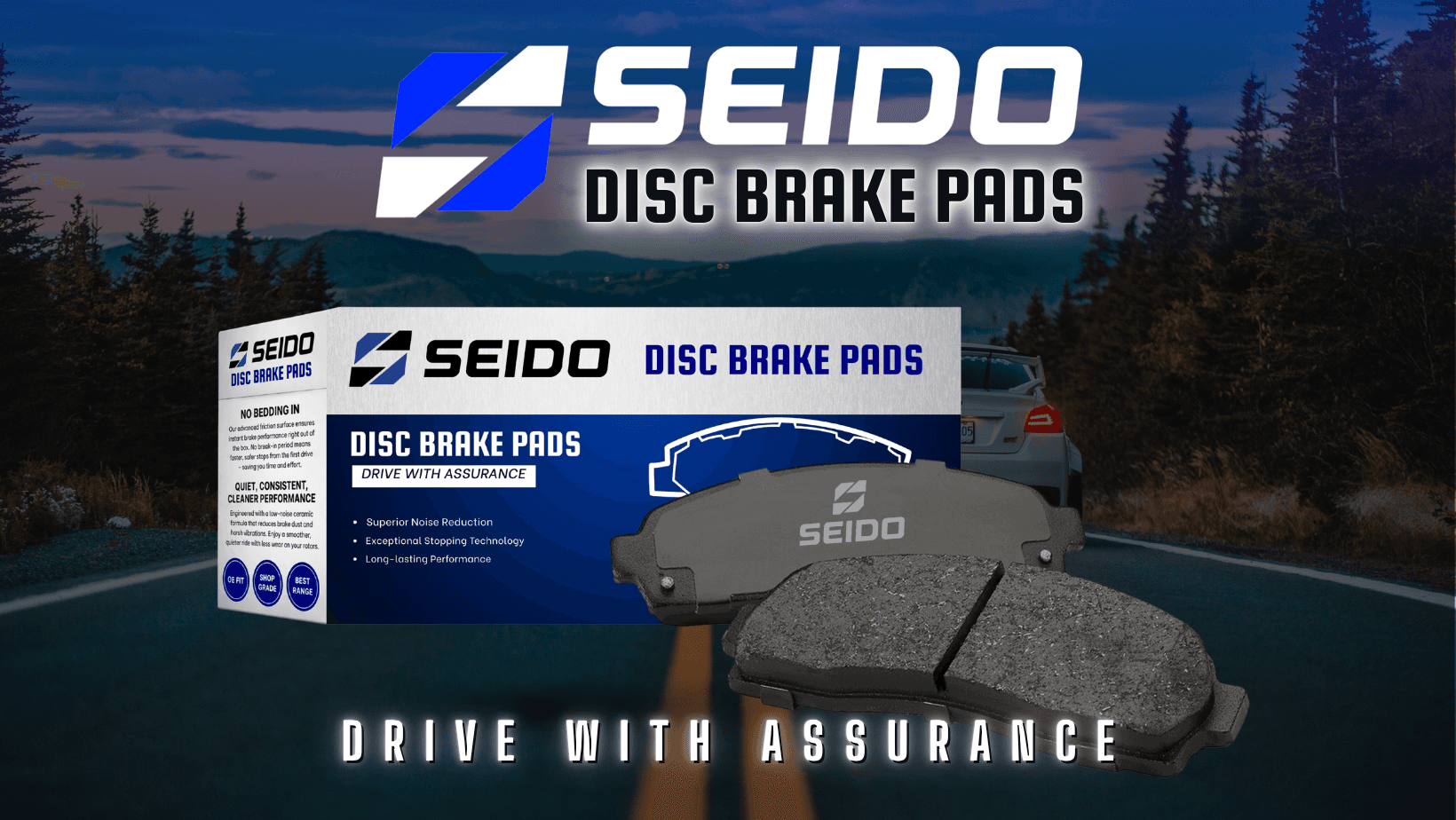 Seido disc brake pads and packaging displayed over a scenic mountain road at dusk.